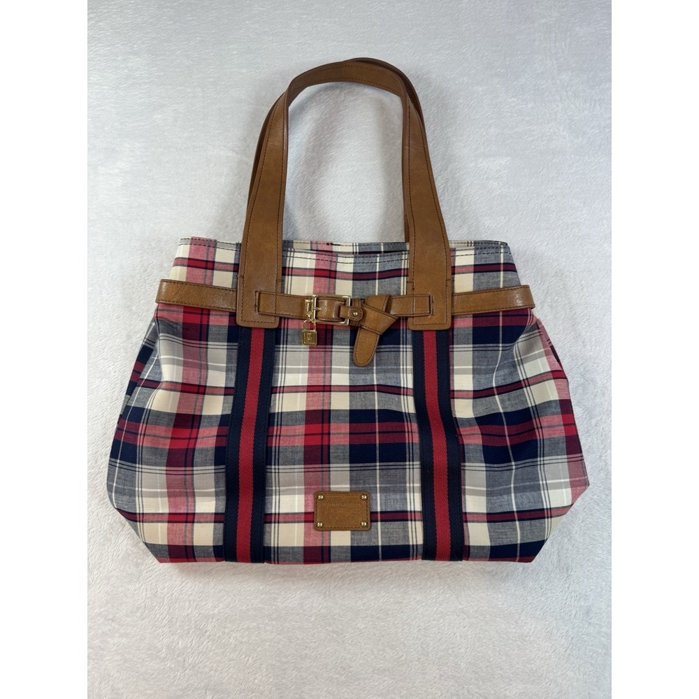 Tommy Hilfiger PLAID Fabric Faux Leather Tote handbag American Preppy Classy